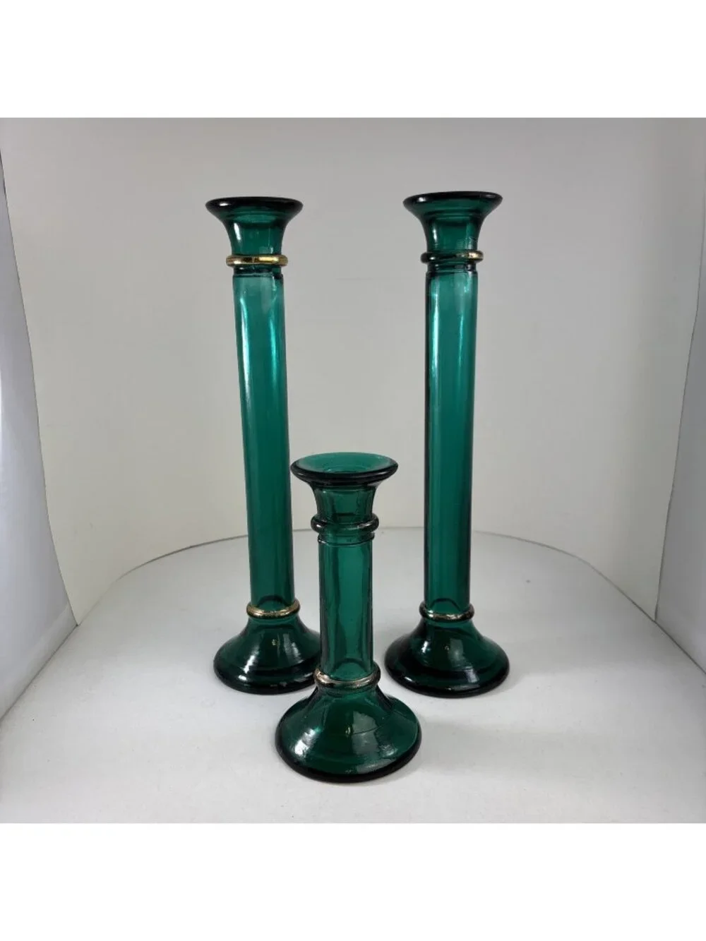 Pier 1 Green Glass Candlesticks Set Of 3 taper Holders made in Spain 11” & 6” - Picture 1 of 5